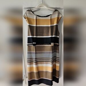 Elegant Asymmetrical Striped Dress - Black, Brown, Gold